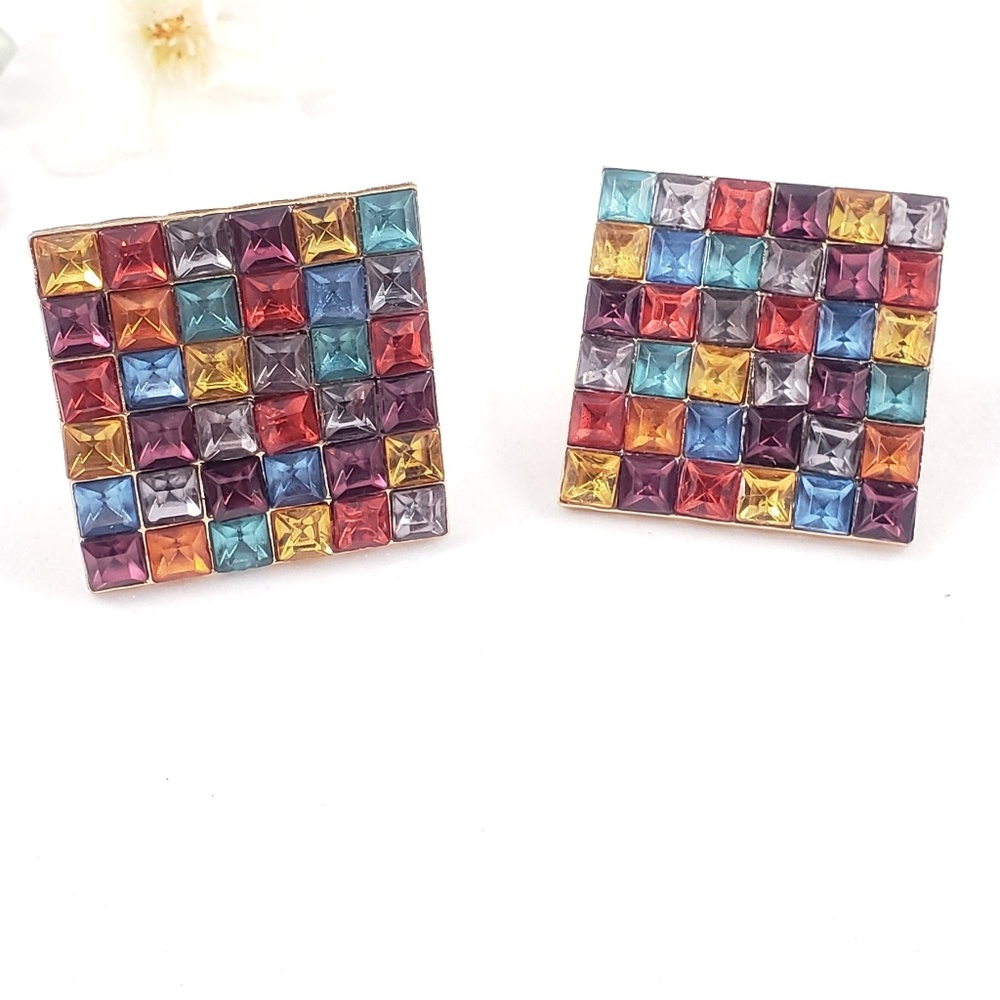 Multicolored Square Stud Steel Post Earrings